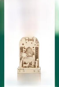 Detailed laser-cut wooden moon lamp with layered mosque and star decorative elements