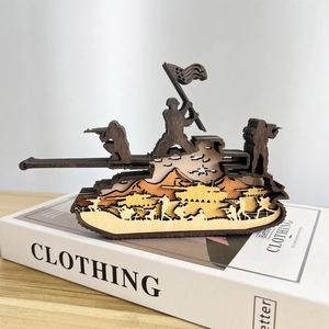 3D layered wooden tank sculpture with soldier silhouettes and US flag for home decor