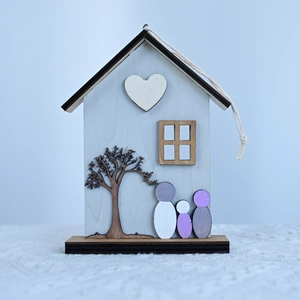 Creative house-shaped wooden ornament with family figures and rustic hemp rope hanger
