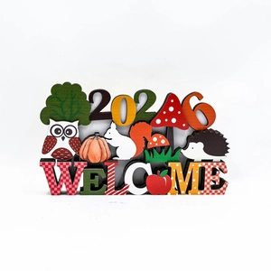 Wooden Autumn Harvest Welcome 2024 tabletop decoration with forest owl and pumpkin motifs