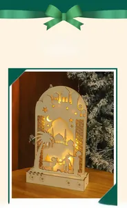Detail of wooden crescent moon lamp with warm LED light and Islamic architectural design