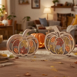 Warm LED lighted wooden pumpkin signs with maple leaf cutouts for harvest home decor