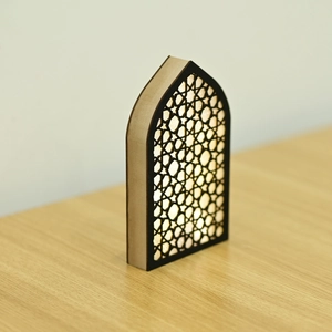 Eid wooden lantern with warm LED light and star cutout patterns for home decoration