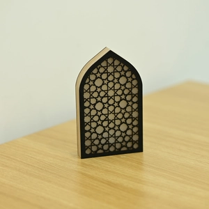 Detailed view of the wooden Islamic geometric star arch stand for Ramadan home decoration