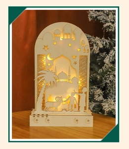 Detailed close-up of intricate wooden moon lamp silhouette with LED warm lighting