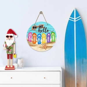 Hello Summer wooden beach nutcracker sign with sea stars and surfboard decor
