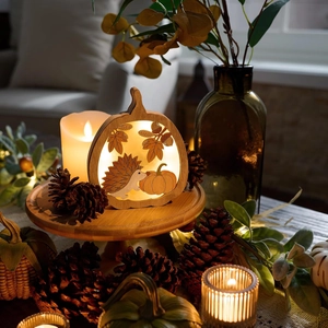 Lanterne citrouille en bois sculpté avec LED chaude pour décoration de table automne