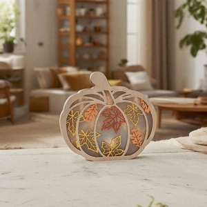 LED wooden pumpkin light with autumn maple leaves for thanksgiving tabletop home decoration