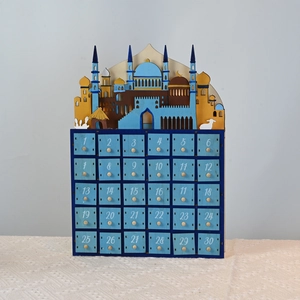 Ramadan Adventskalender aus Holz mit 30 Schubladen und LED-Moschee-Silhouette Dekoration