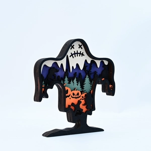 Ghost wood carving with pumpkin and werewolf scene for Halloween home decoration