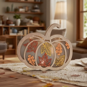 Wooden pumpkin LED autumn decoration with colorful maple leaf patterns for Thanksgiving