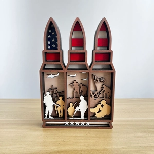 Detailed 3D layered wood carving featuring American flag and military silhouettes
