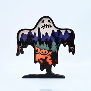 Ghost-shaped multi-layered wooden Halloween ornament with pumpkin and cemetery silhouette