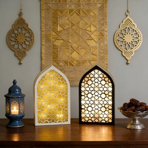 Luminous Muslim wood hanging LED ornaments with geometric star cutout for festive home decor