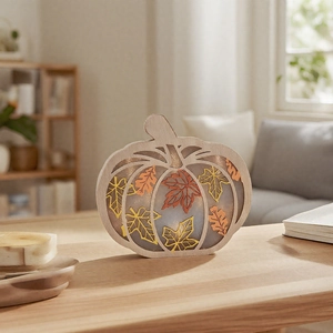 Close-up of wooden pumpkin lamp with cutout maple leaf pattern and warm LED lights