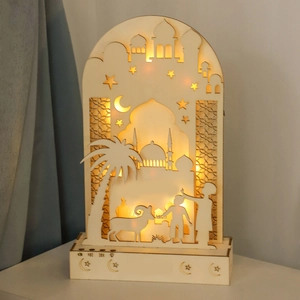 Ramadan Wooden LED Night Light Mosque Moon Star Pattern Laser Cut Eid Mubarak Decorative Lamp For Bedroom Home Ornament