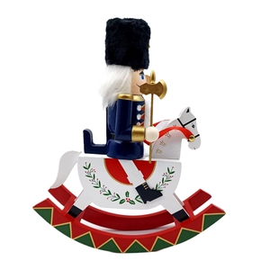 Traditional 30.5cm wooden nutcracker soldier on white rocking horse Christmas decor