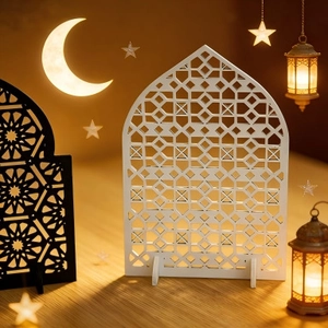Ramadan Mubarak Ornamento da Tavolo in Legno Intagliato Islamico Geometrico a Stella Eid Al Fitr Decorazione Casa Regalo