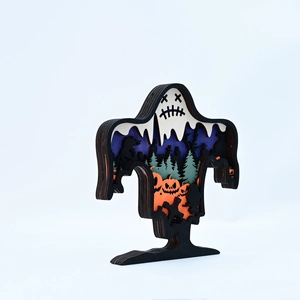 Detailed 3D layered wooden ghost ornament with pumpkin and spooky forest carvings
