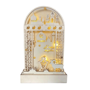 Wooden Ramadan Kareem LED crescent moon lamp with mosque silhouette and warm glow