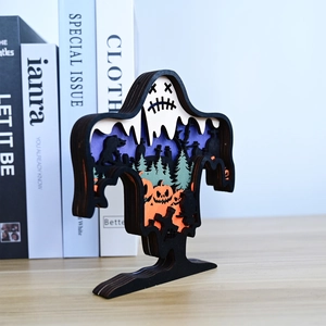 Halloween wooden ghost plaque with laser-cut pumpkin and spooky graveyard scene decoration