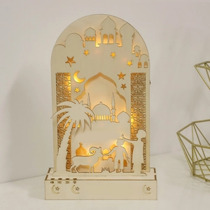 Artistic wooden LED moon lamp with mosque silhouette and warm glowing night light effect