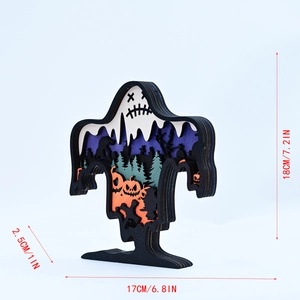 Ghost-shaped Halloween wood decor with 3D laser-cut pumpkin and graveyard night scene details