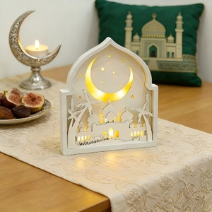 Décoration de lune en bois avec LED et silhouette de mosquée pour fête de l'Aïd