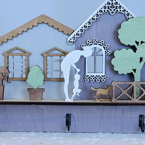Creative wooden house wall hook decor with laser cut silhouettes for Mother's Day
