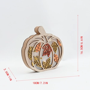 Detailed size view of an illuminated wooden pumpkin sign with colorful maple leaf motifs
