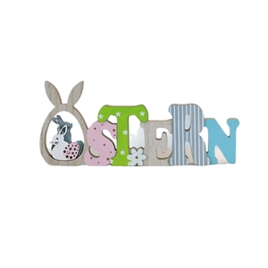 Décoration de Pâques OSTERN en bois avec oreilles de lapin et motifs floraux de printemps