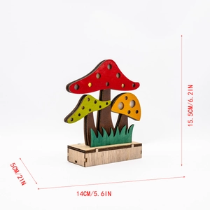 Detail of wooden harvest festival mushrooms with hollow dots on a natural wood base