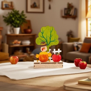 Decorazione da tavolo autunnale in legno con tacchino, zucca e alberi festivi