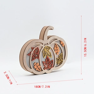 Detailed view showing dimensions and multilayer wood harvest pumpkin decor with maple leaves