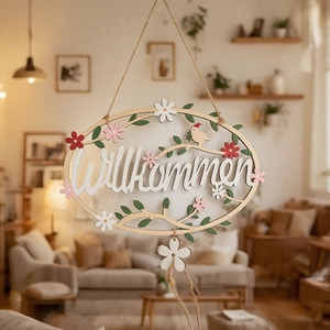 Willkommen Welcome Sign Wooden Wall Hanging Decoration With Flowers Bird For Home Office Pastoral Painted Wood Ornament