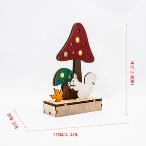 Detailed dimensions of lighted wooden forest mushroom and squirrel desktop ornament