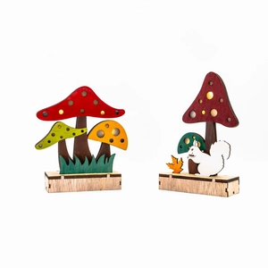 Wooden mushroom ornaments with forest squirrel and maple leaf for harvest festival decor