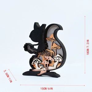 Detail showing dimensions of carved 3D wooden squirrel decor with forest forest landscape