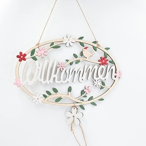 Oval wooden Willkommen wall plaque with colorful floral decor and bird for home styling