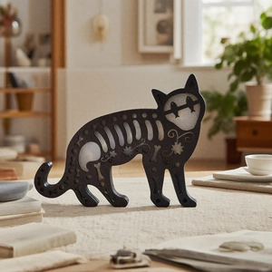 Halloween black cat wooden ornament with hollow bone carving and warm LED light