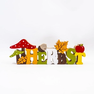 Wooden Herbst autumn tabletop sign with mushroom, maple leaf, and acorn decor