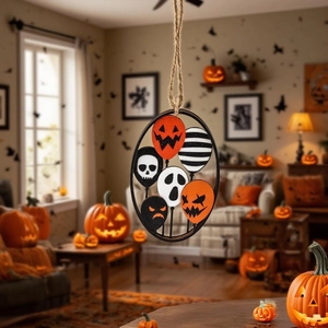 Halloween wooden pumpkin ghost hanging ornament with orange and black balloons
