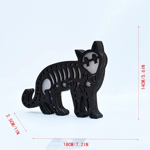 Detailed view of Halloween black cat wooden craft with laser-cut hollow pattern and sizes