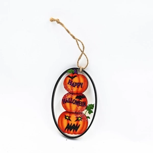 Wooden Halloween pumpkin hanging ornament with rope and Happy Halloween text decor