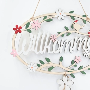 Floral wooden Willkommen welcome sign with hand-painted flowers and cute bird decoration