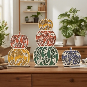 Autumn Wooden Pumpkin Desktop Ornaments Thanksgiving Wood Sign Harvest Festival Hollow Maple Leaf Carved Decorative Sculptures For Home Office Decor