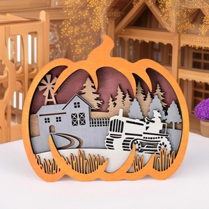 3D multilayer laser-cut wooden pumpkin decoration featuring a rustic farm tractor scene