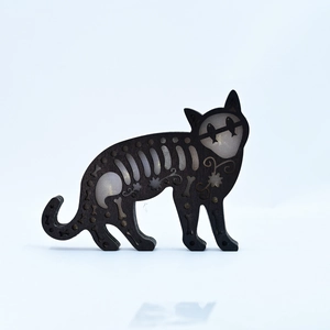 Halloween black cat wooden ornament with gothic skeleton carving and layered cutout design