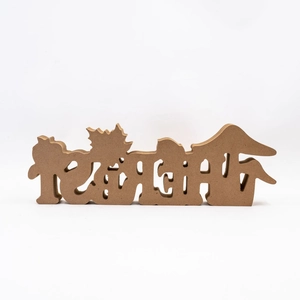 Detail of wooden TEACH sign with apple and maple leaf carvings for autumn desk decor