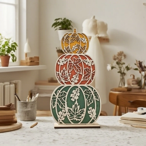 Three-tier wooden pumpkin desktop decor with hollow leaf carvings for fall harvest festival